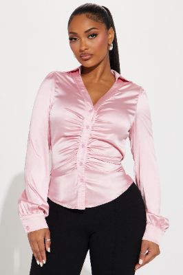 A True Delight Satin Shirt - Pink sold by Fashion Nova