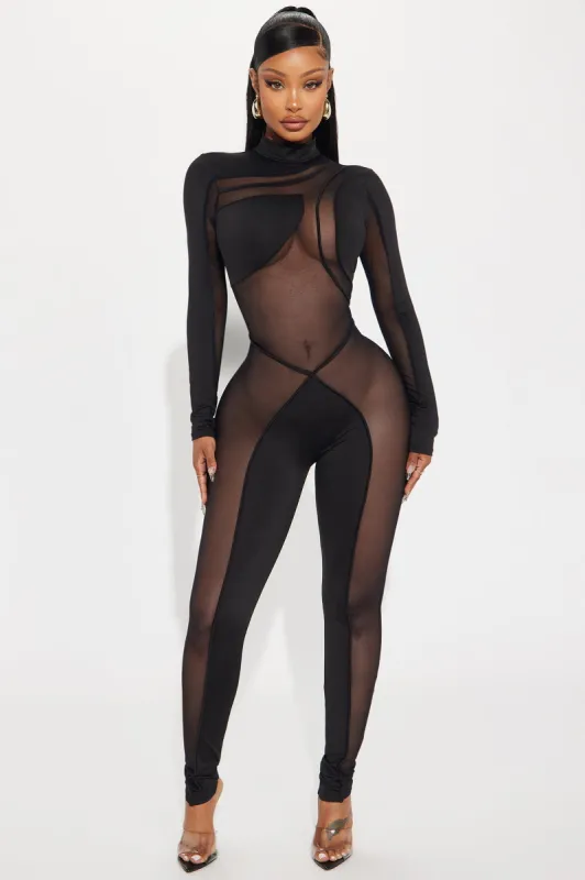 Just Dance Mesh Jumpsuit - Black sold by Fashion Nova