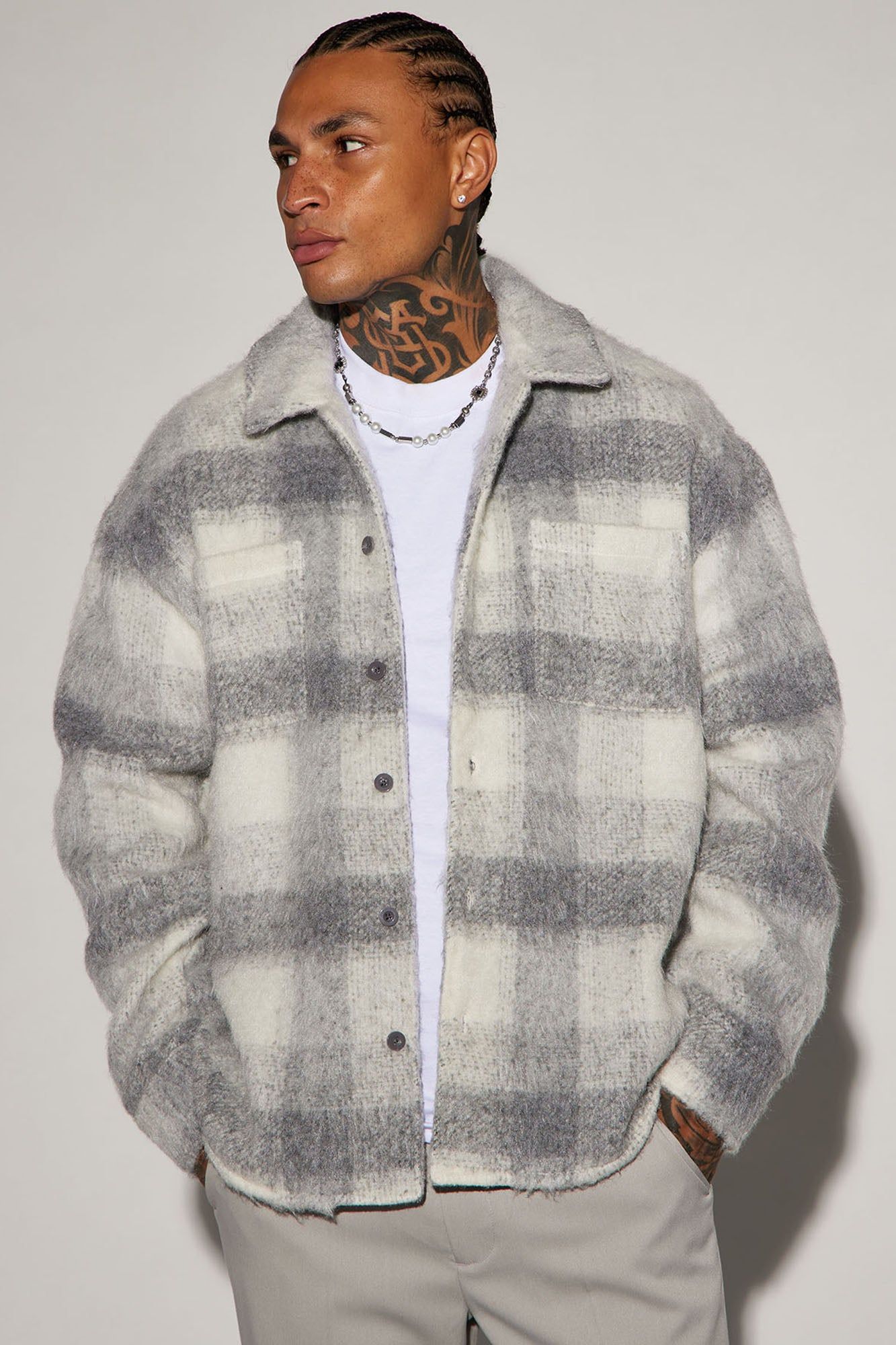 Move Up Plaid Shacket - Grey/Grey sold by Fashion Nova