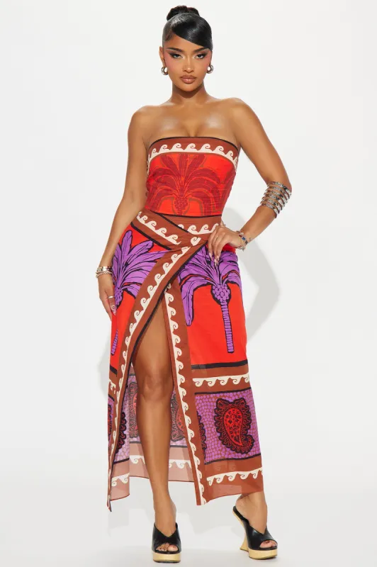 Amie Linen Maxi Dress - Orange/combo sold by Fashion Nova