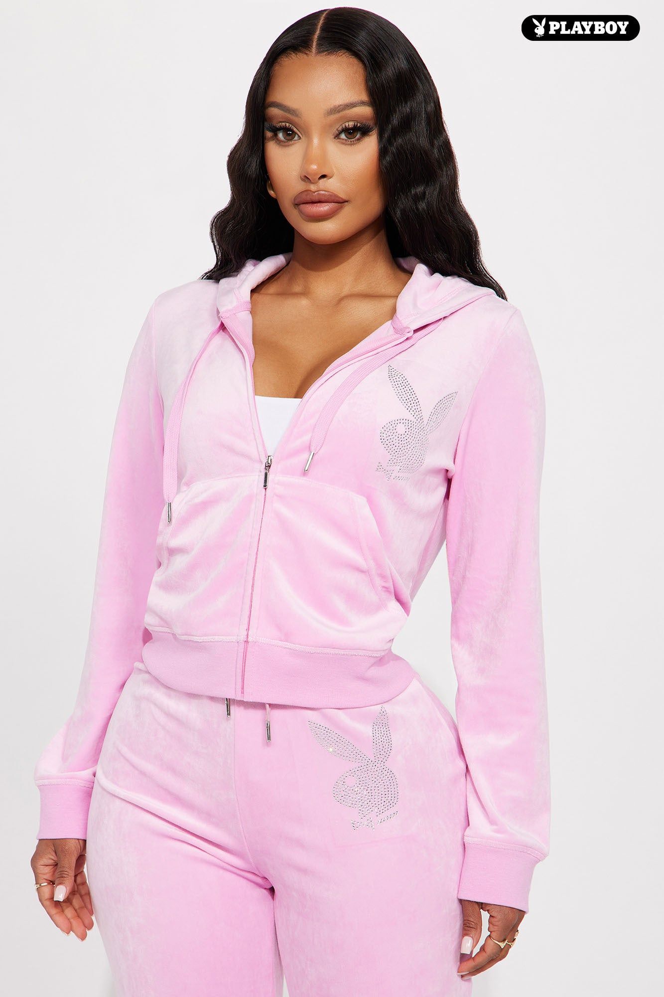 Velour Playboy Zip Font Hoodie - Pink sold by Fashion Nova