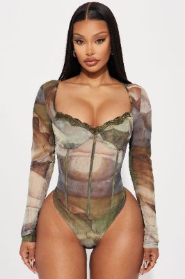 Midnight Fantasy Mesh Bodysuit - Green/combo sold by Fashion Nova