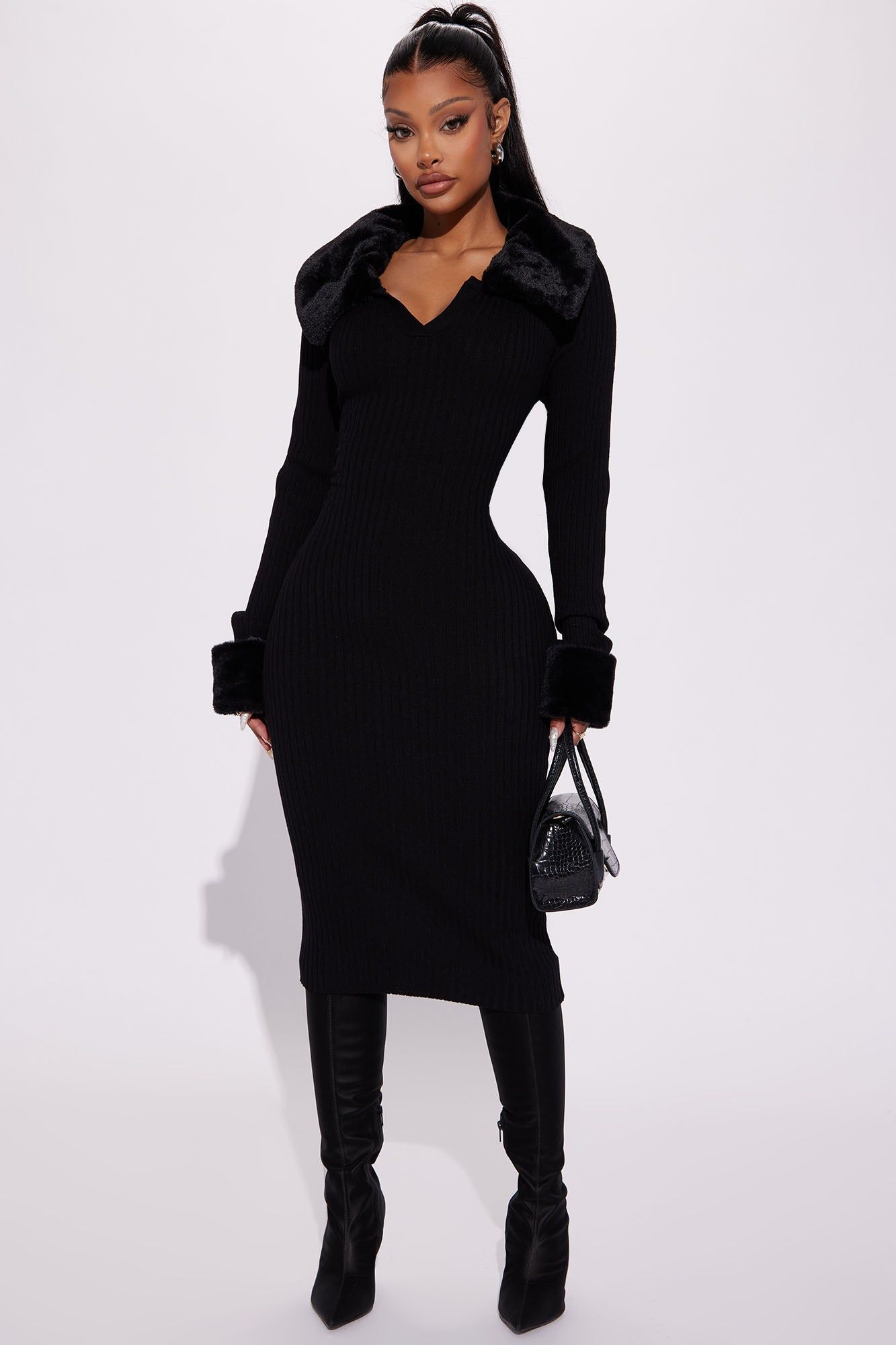 Majestic Elegance Collar Midi Dress - Black sold by Fashion Nova
