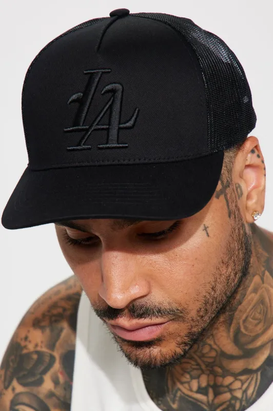 LA Twill Trucker Hat - Black/Black sold by Fashion Nova