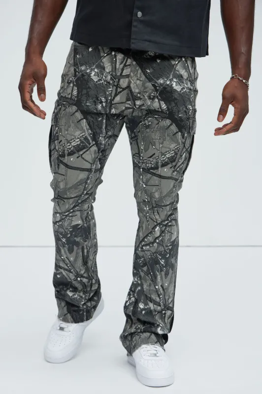All Over Print Stacked Twill Flare Pant - Grey/combo sold by Fashion Nova