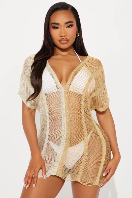 Rita Two Tone Metallic Crochet Cover Up Dress - Gold/combo sold by Fashion Nova