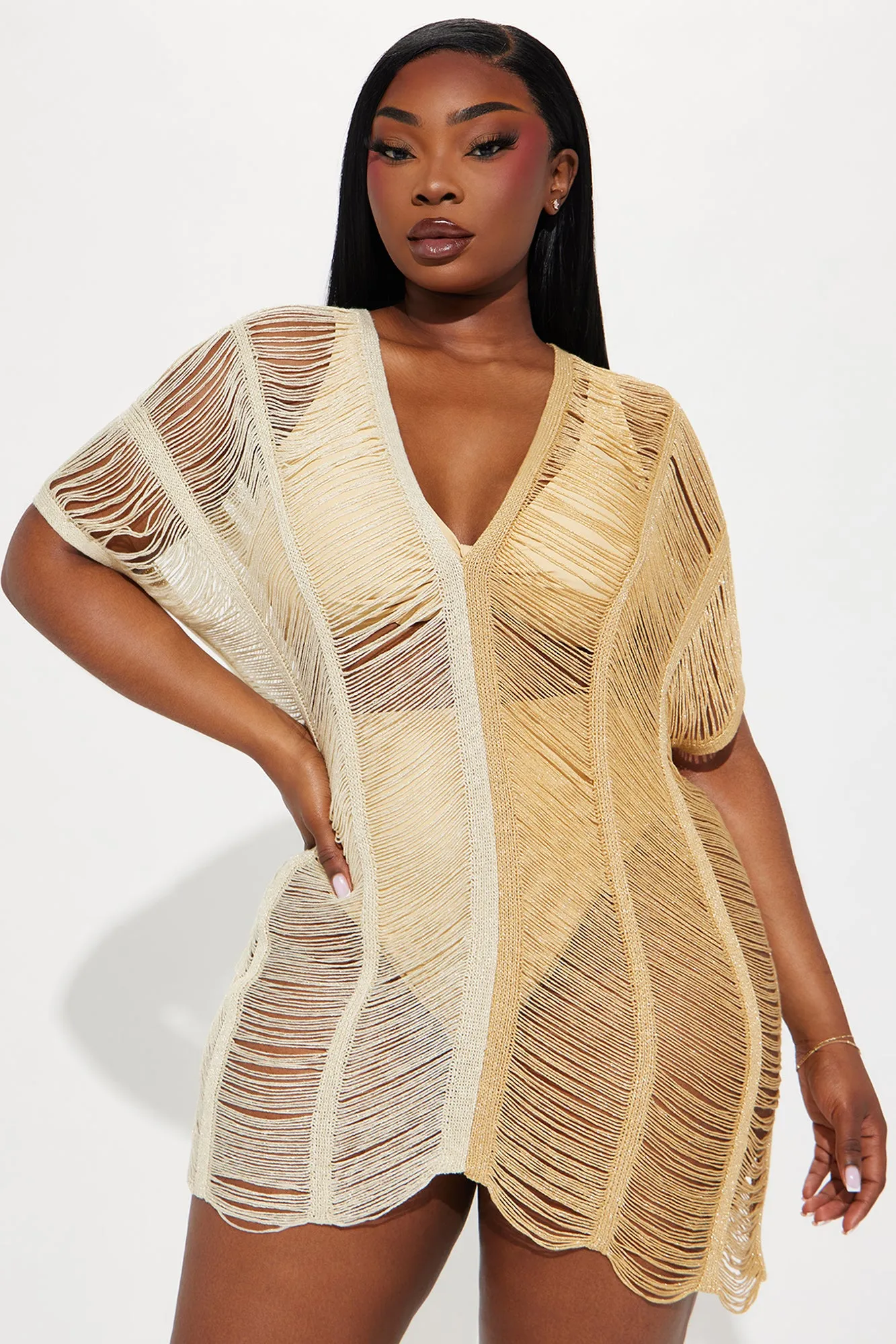 Rita Two Tone Metallic Crochet Cover Up Dress - Gold/combo sold by Fashion Nova product image thumbnail 5