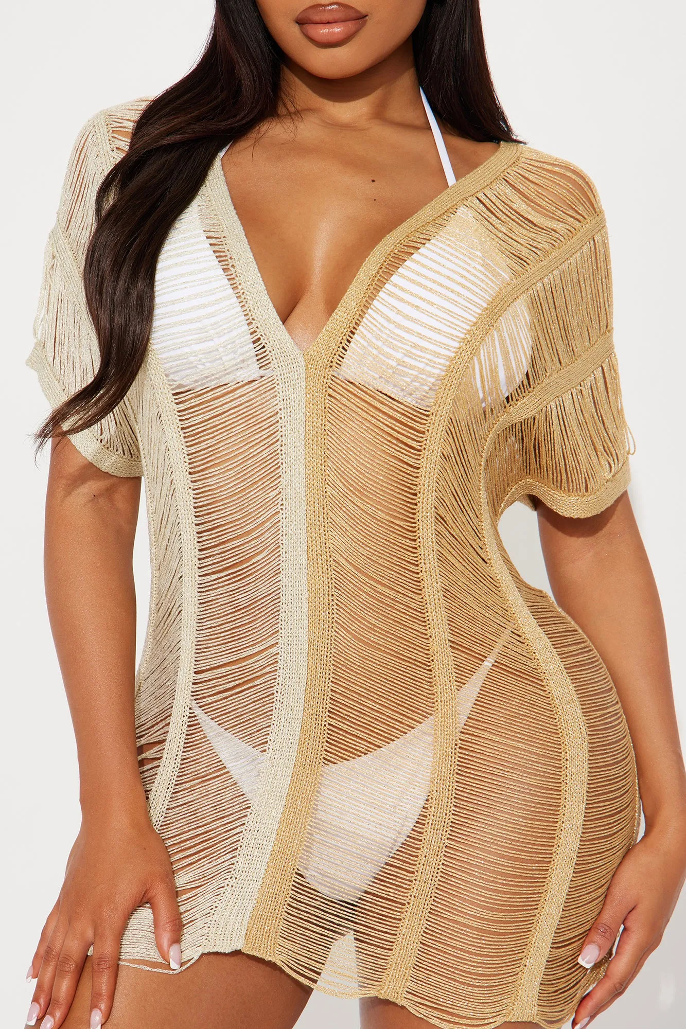 Rita Two Tone Metallic Crochet Cover Up Dress - Gold/combo sold by Fashion Nova product image thumbnail 2