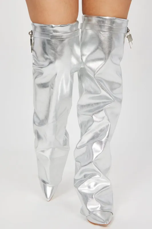 Nadine Overlay Wedge Boots - Silver sold by Fashion Nova