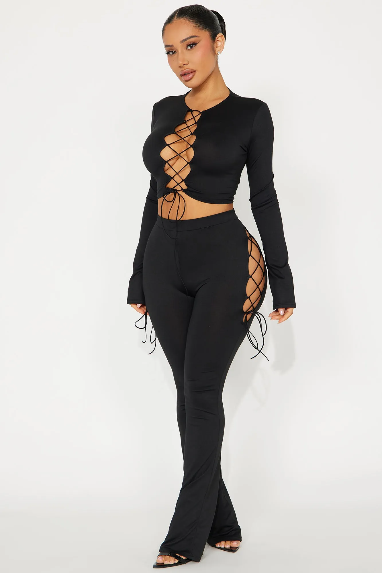 Emani Lace Up Flare Leg Pant Set - Black sold by Fashion Nova