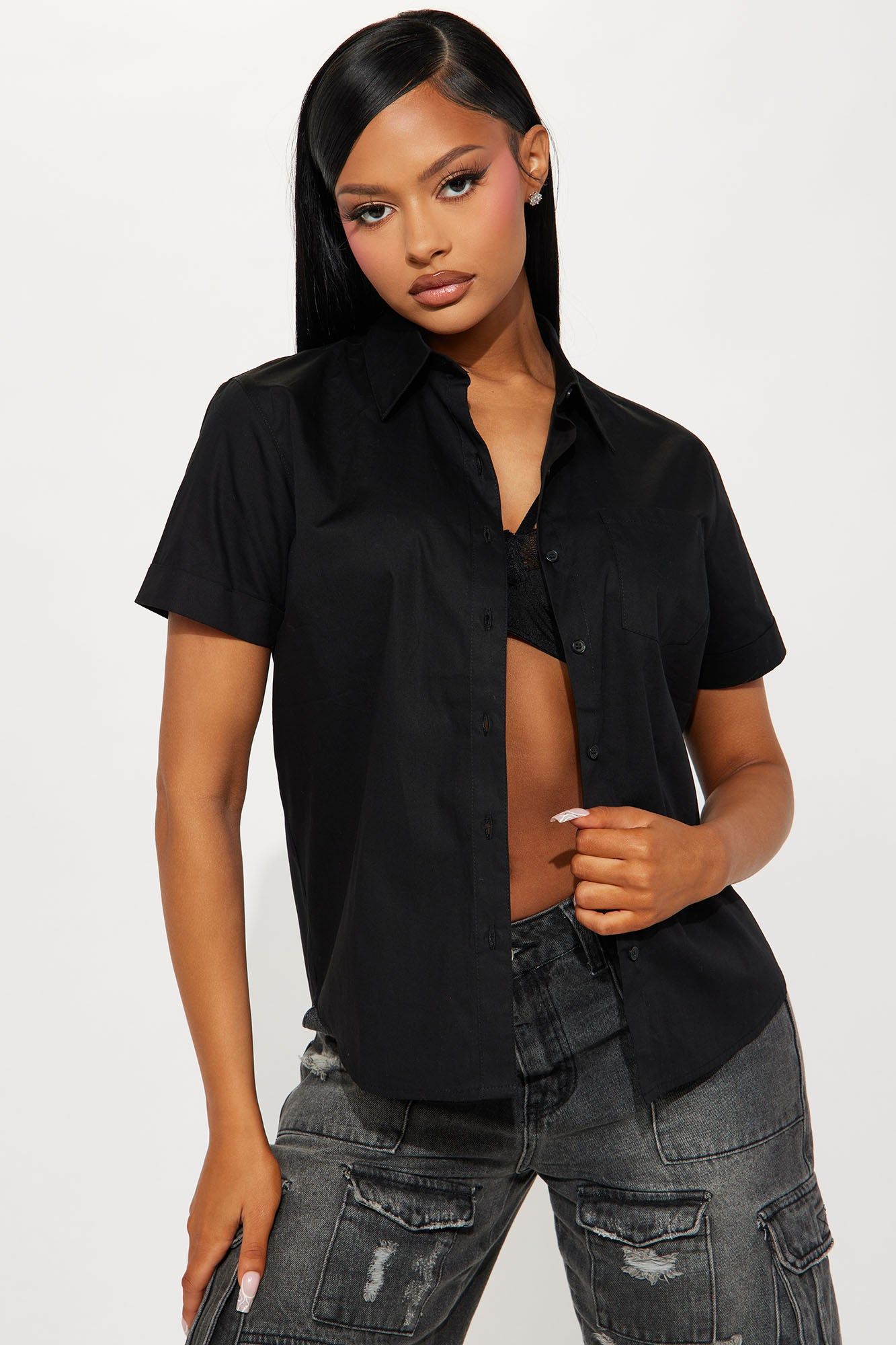 Always With Ideas Poplin Shirt - Black sold by Fashion Nova