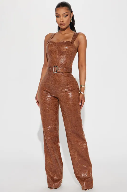 Texas Hold Em Washed Faux Leather Jumpsuit - Brown sold by Fashion Nova
