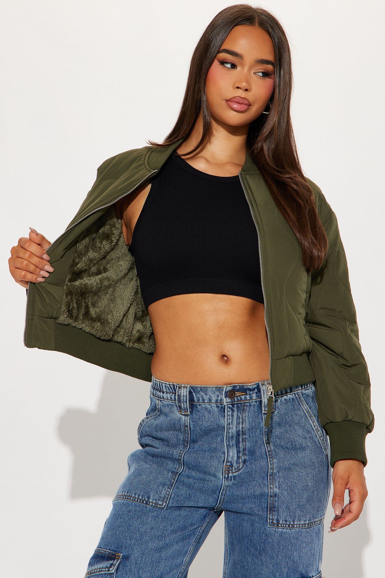 Evelyn Quilted Bomber Jacket - Olive sold by Fashion Nova