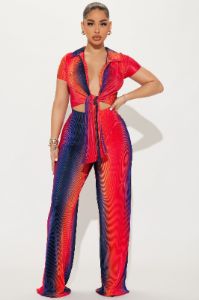 One Flight Away Plisse Pant Set - Orange/combo sold by Fashion Nova