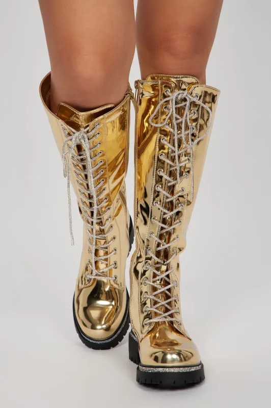 Feeling A Way Knee High Combat Boots - Gold sold by Fashion Nova