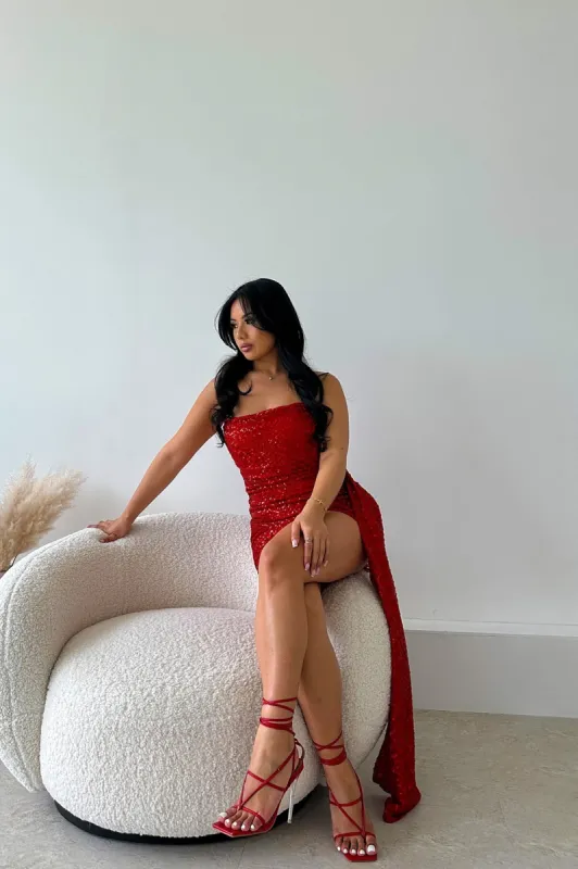 Lilian Draped Sequin Mini - Red sold by Fashion Nova