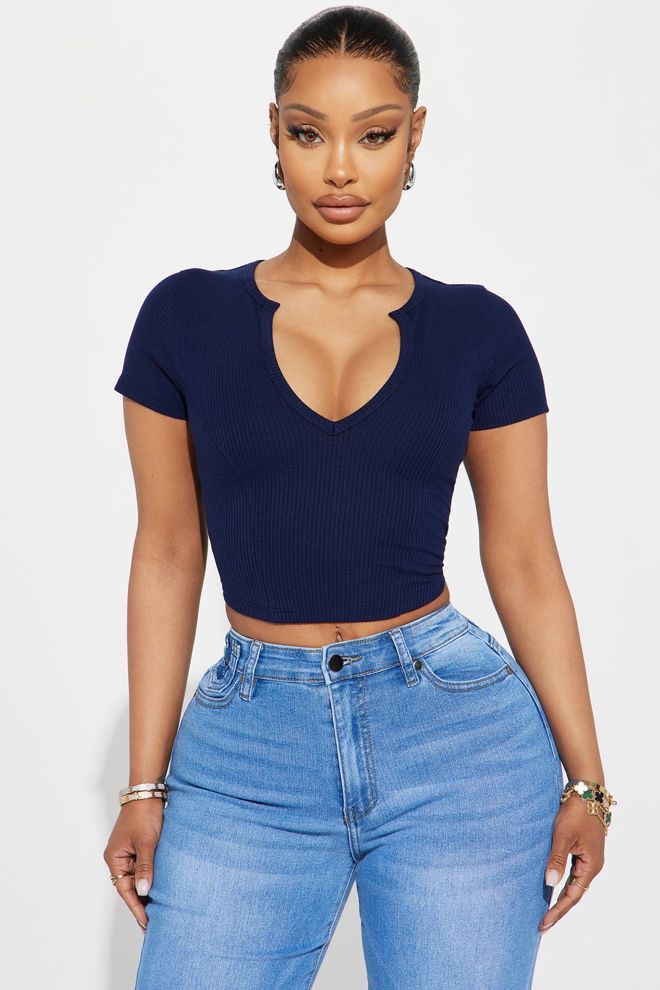 Valentina Plunge Crop Top - Navy sold by Fashion Nova