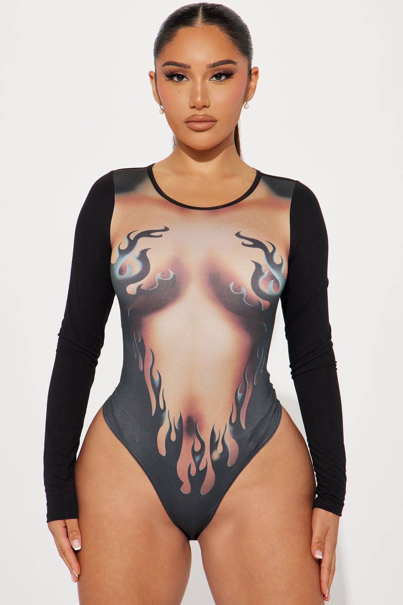 Burning Hot Long Sleeve Bodysuit - Black/combo sold by Fashion Nova