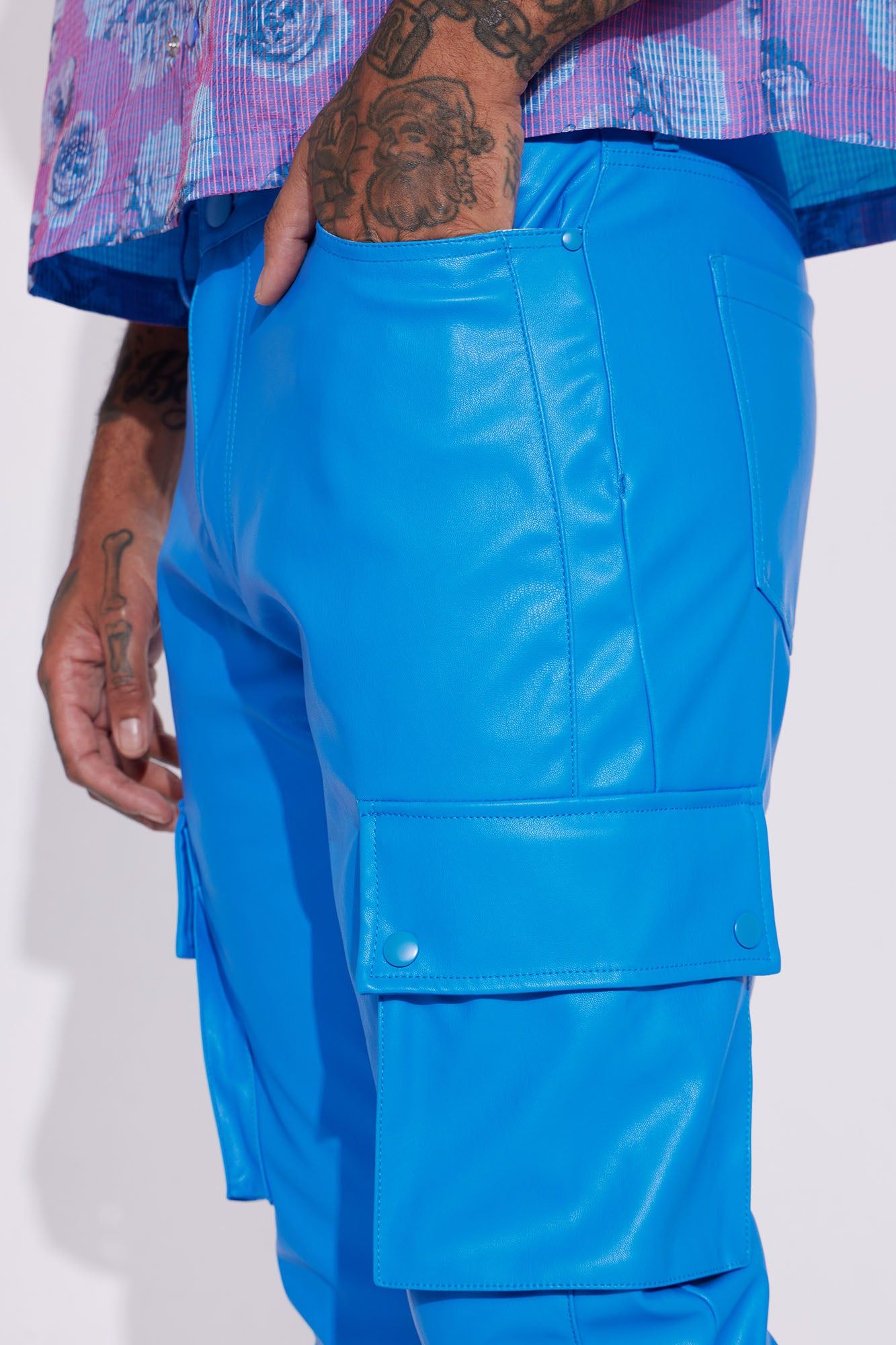 Finest Faux Leather Cargo Flare Pants - Blue sold by Fashion Nova product image thumbnail 4