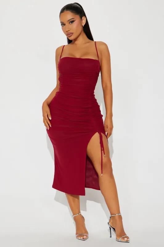 Elle Mesh Midi Dress - Burgundy sold by Fashion Nova
