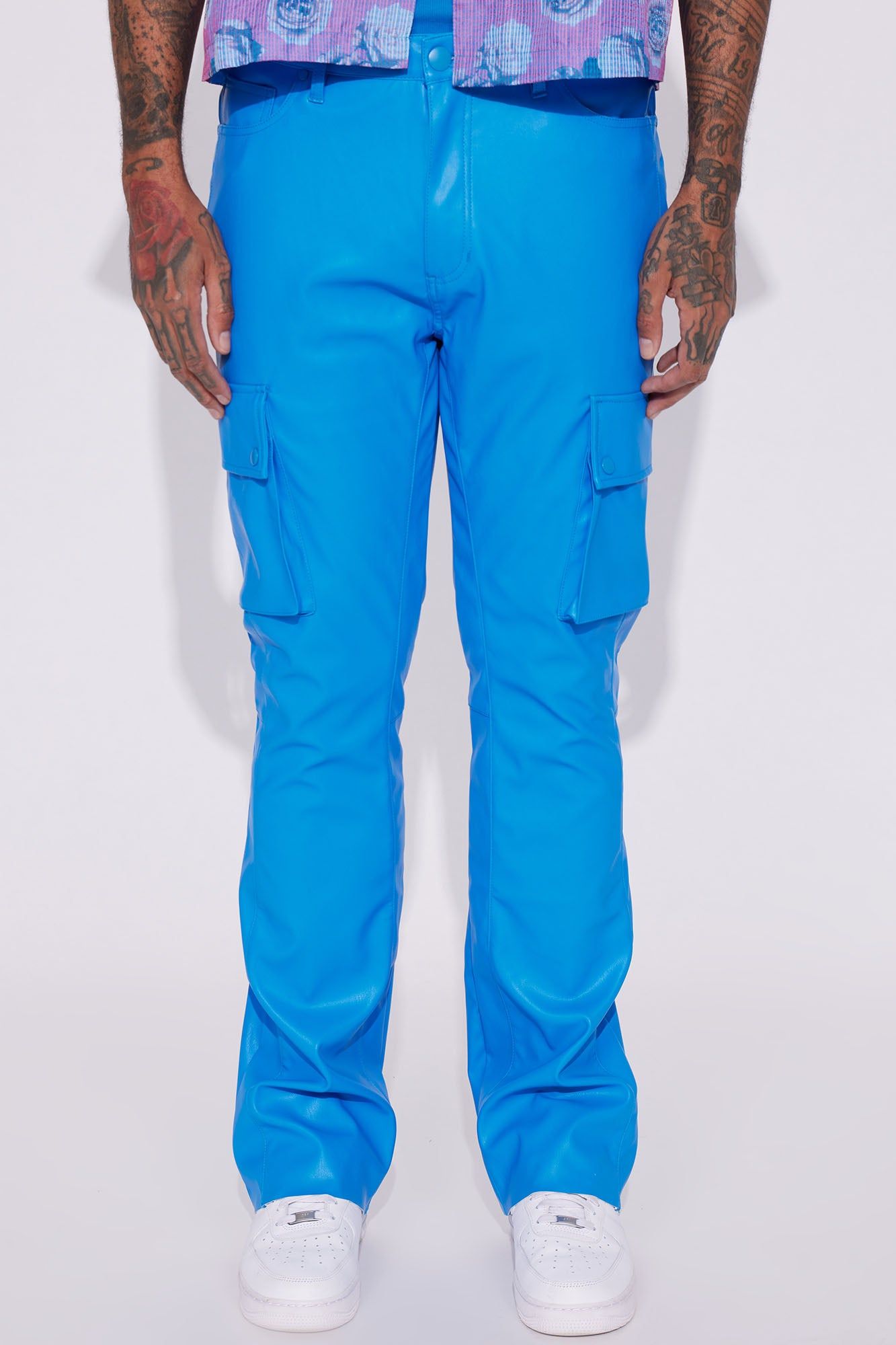 Finest Faux Leather Cargo Flare Pants - Blue sold by Fashion Nova