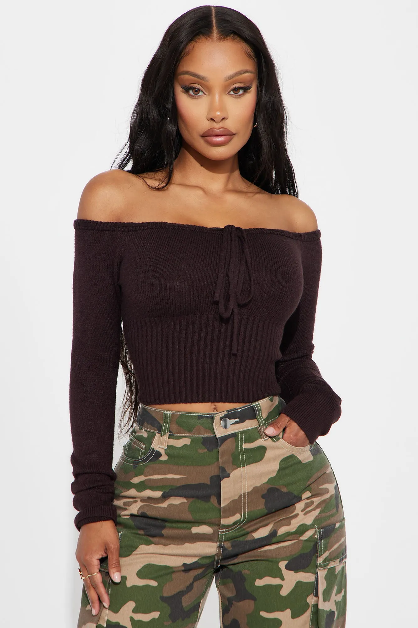 Athena Off Shoulder Sweater - Chocolate sold by Fashion Nova