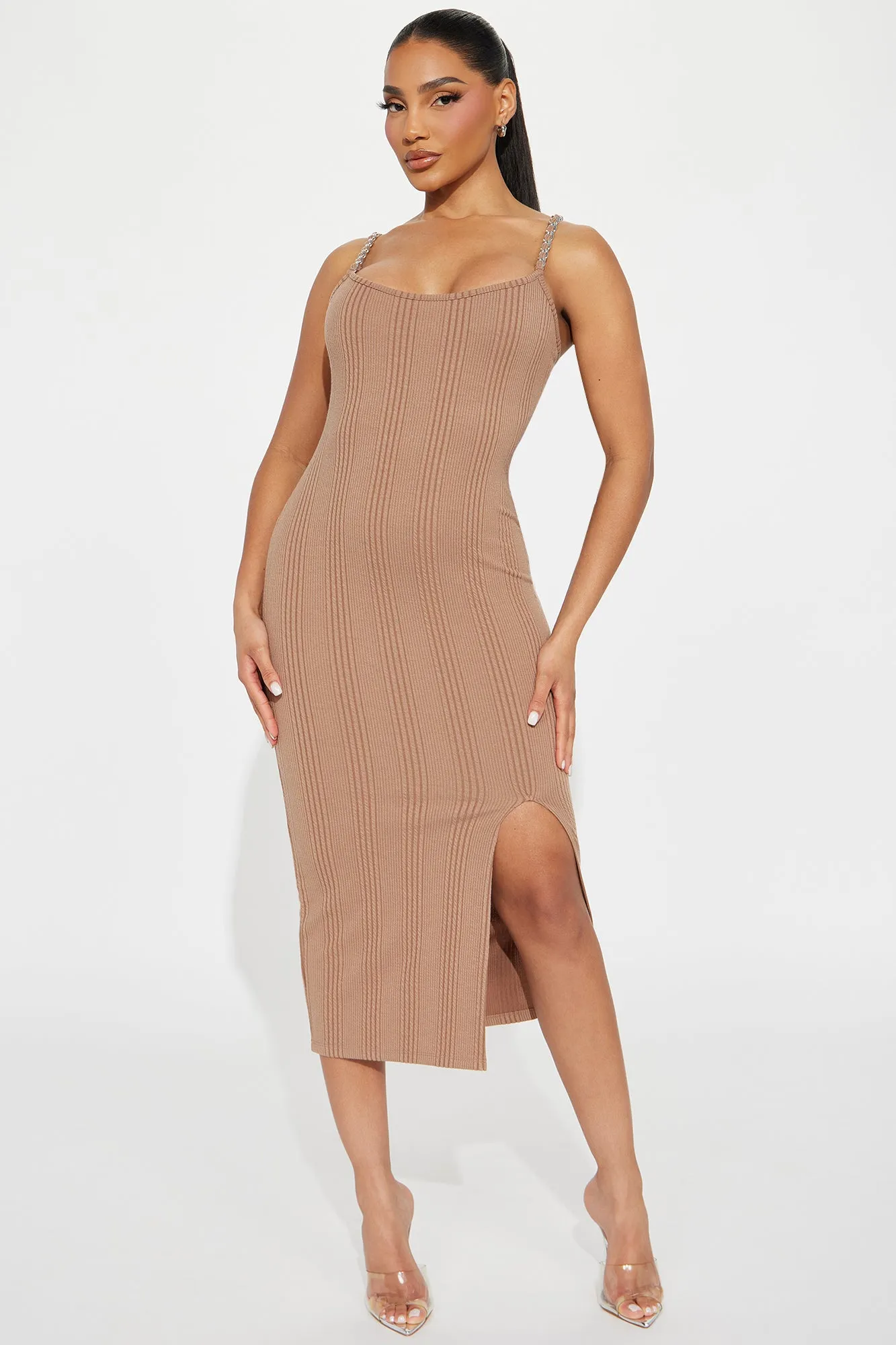 Adeline Textured Midi Dress - Taupe sold by Fashion Nova