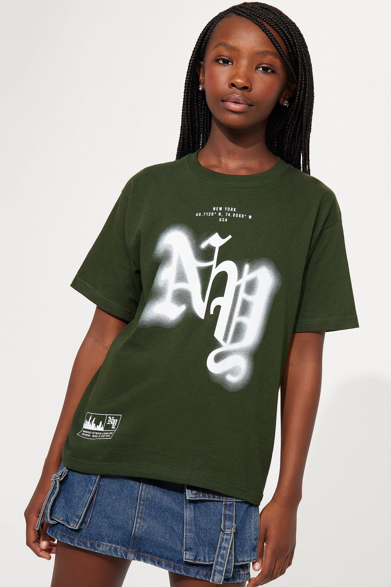 Mini New York Dreaming Graphic Tee - Green sold by Fashion Nova
