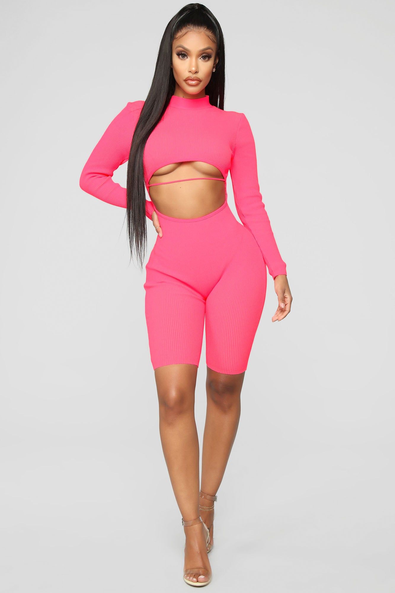 Listen Up Biker Short Romper - Neon Pink sold by Fashion Nova product image thumbnail 2