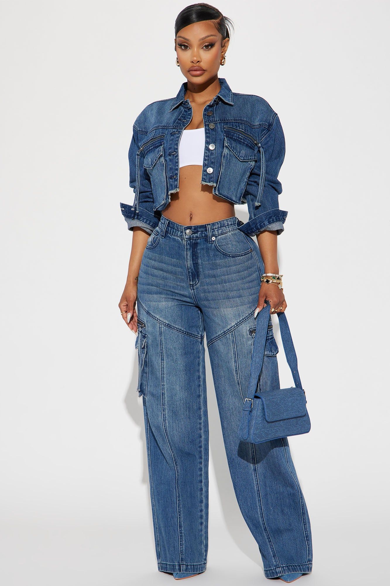 Devil In Disguise Cargo Straight Leg Jeans - Medium Wash sold by Fashion Nova