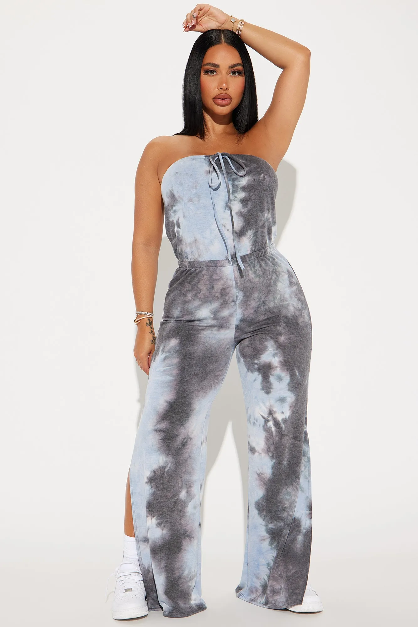 Where You Are Tie Dye Jumpsuit - Charcoal/combo sold by Fashion Nova