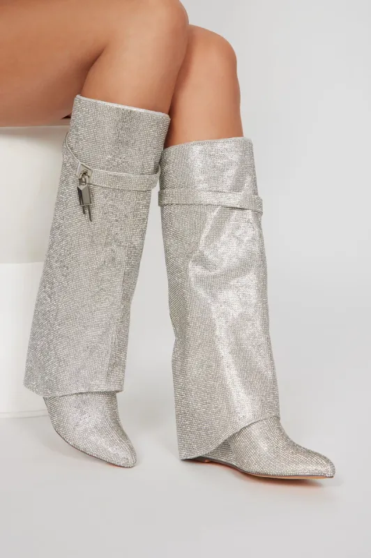 Everything You Need Embellished Overlay Boots - Silver sold by Fashion Nova