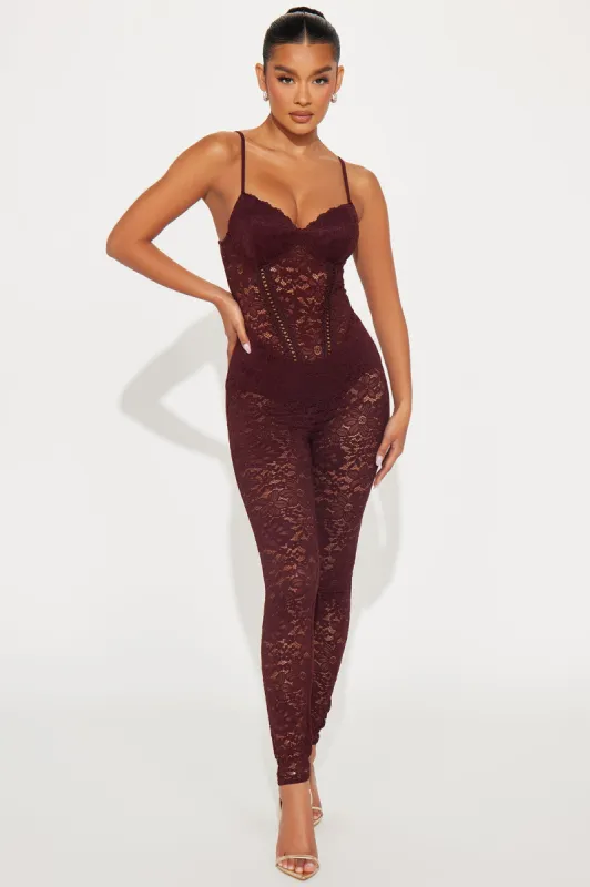 My Love Affair Lace Jumpsuit - Wine sold by Fashion Nova