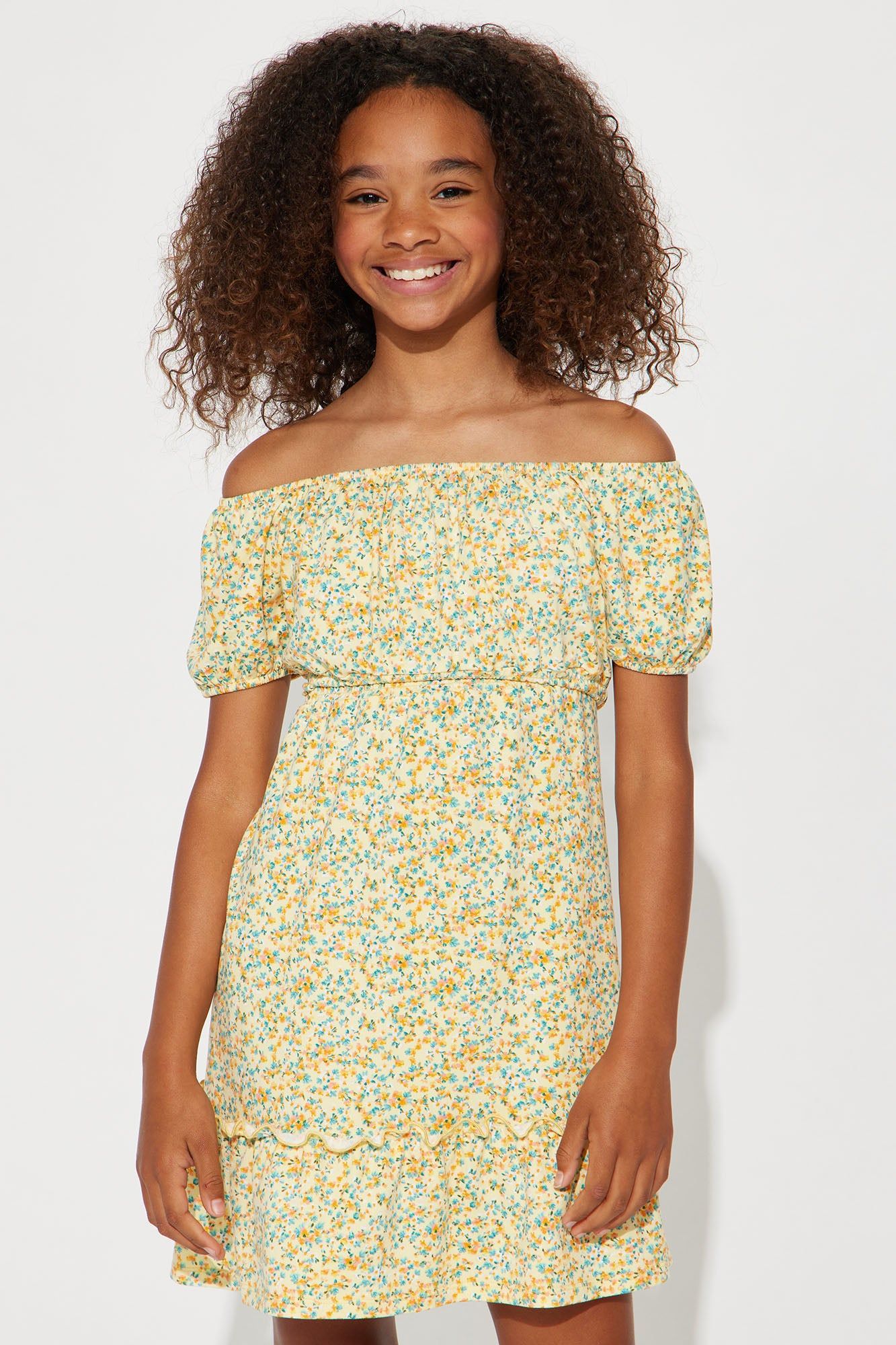 Mini Flower Daydreams Off Shoulder Dress - Yellow sold by Fashion Nova