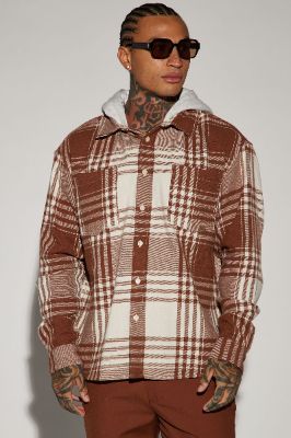 Time Gon Tell Hooded Oversized Shacket - Brown/combo sold by Fashion Nova