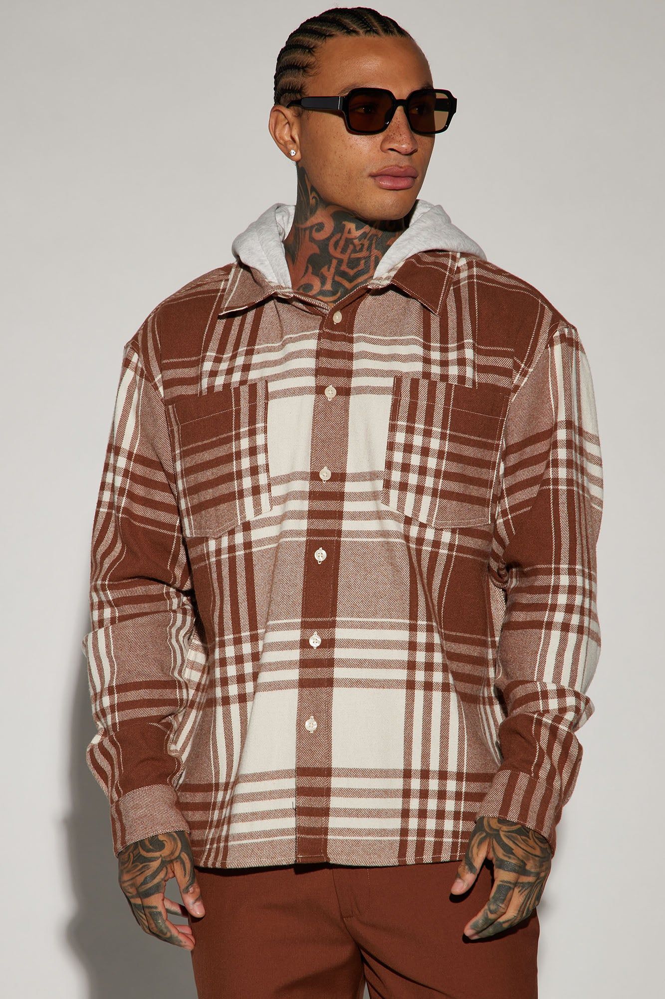 Time Gon Tell Hooded Oversized Shacket - Brown/combo sold by Fashion Nova