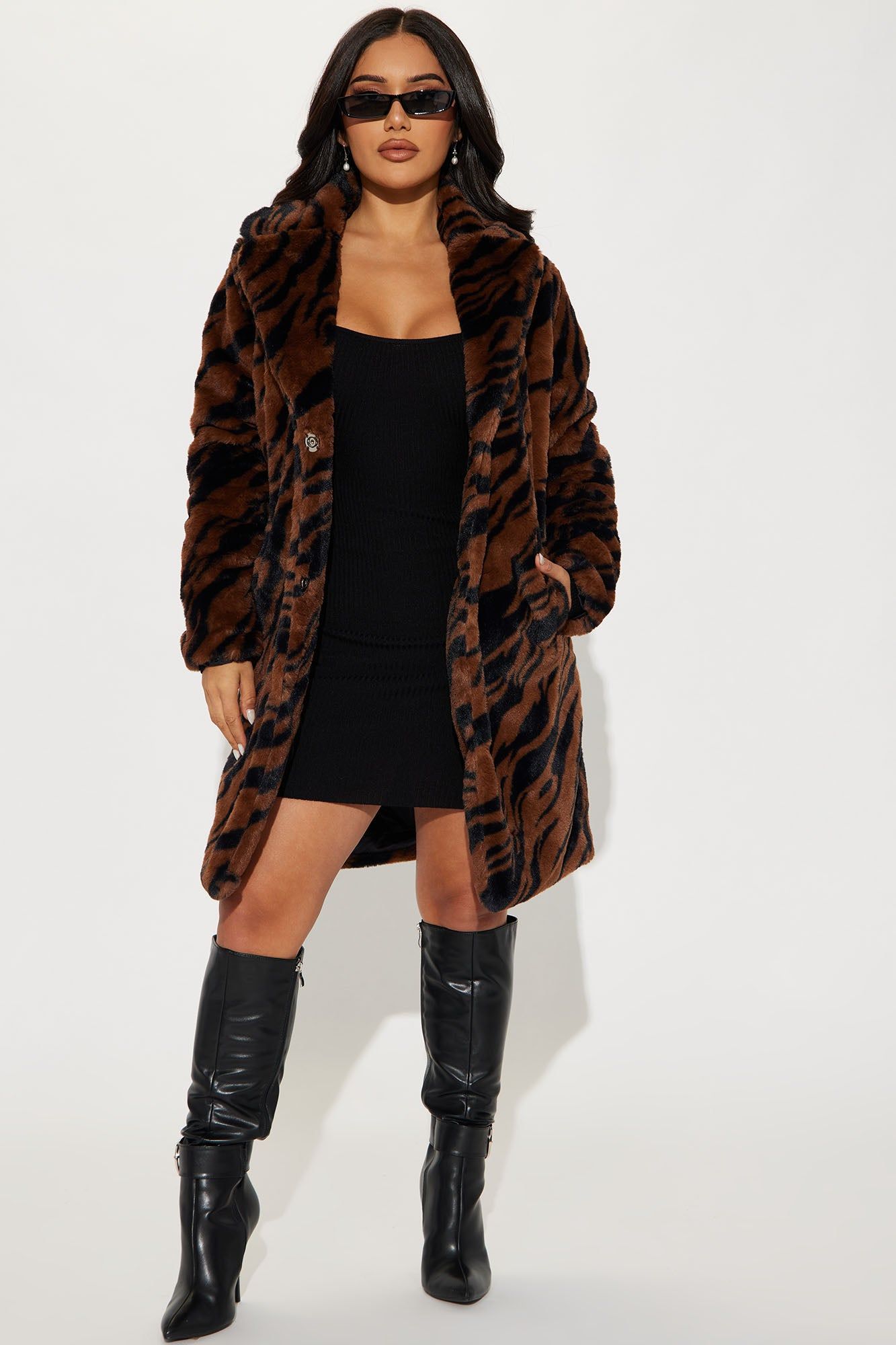 Zebra Love Faux Fur Coat - Brown/combo sold by Fashion Nova