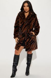 Zebra Love Faux Fur Coat - Brown/combo sold by Fashion Nova