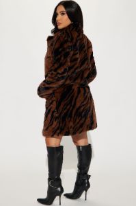Zebra Love Faux Fur Coat - Brown/combo sold by Fashion Nova