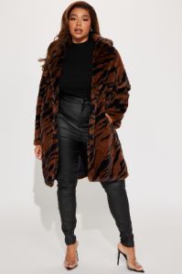 Zebra Love Faux Fur Coat - Brown/combo sold by Fashion Nova