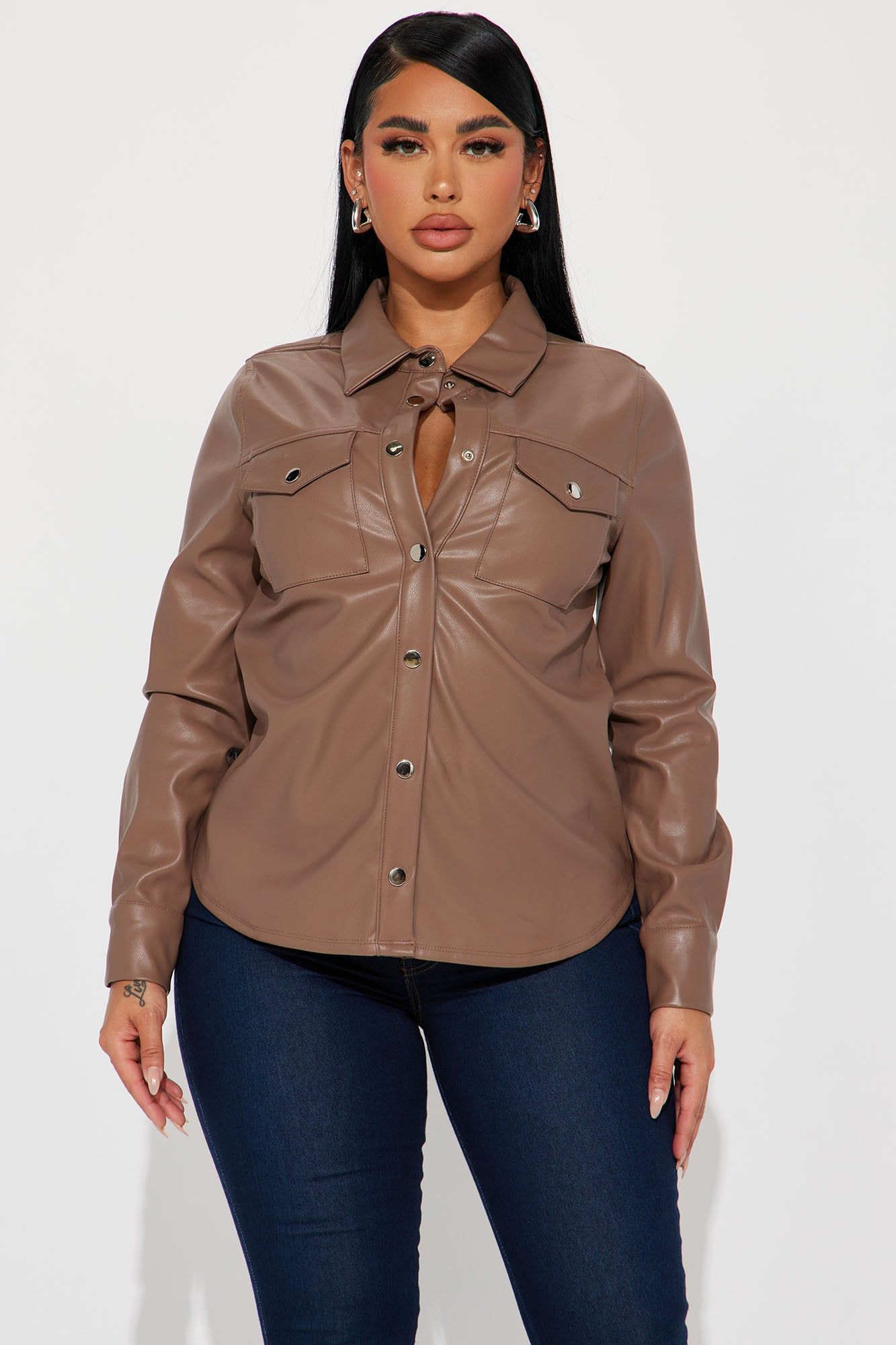 Enola Faux Leather Shirt - Mocha sold by Fashion Nova