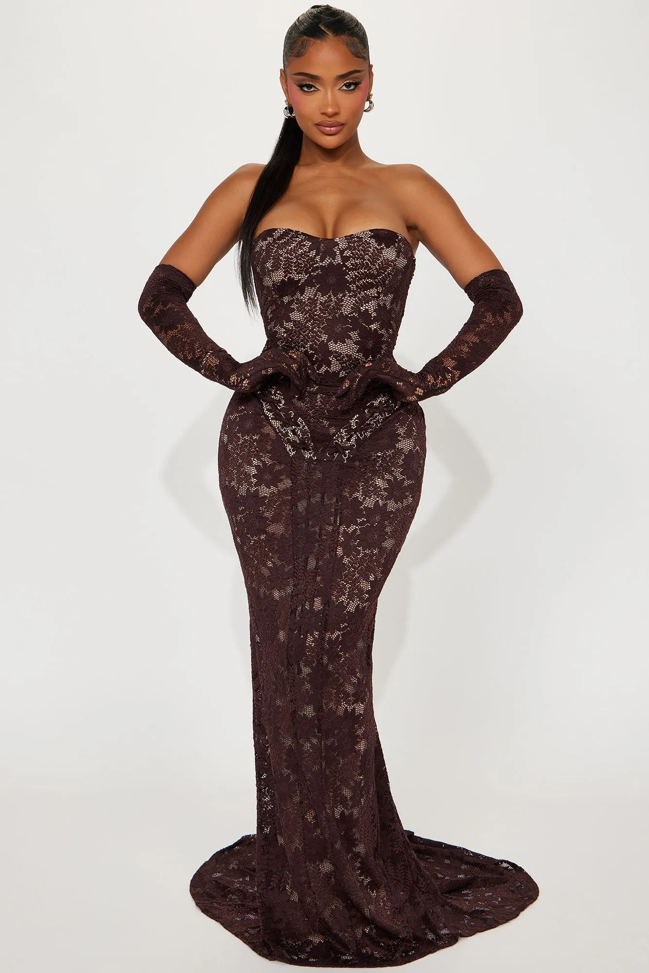 Miranda Lace Maxi Dress - Chocolate sold by Fashion Nova