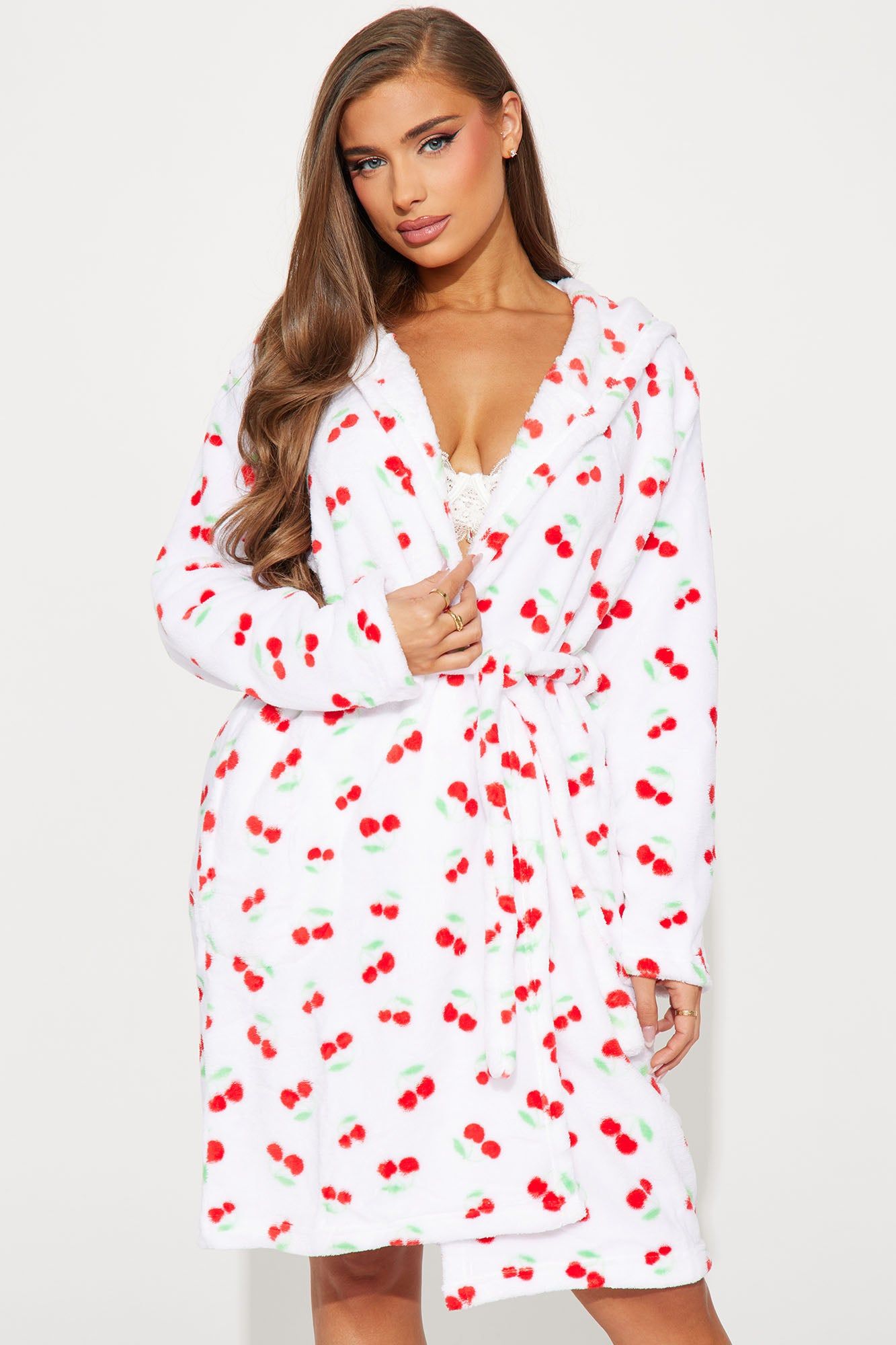 Cherry Cutie Plush PJ Robe - White/combo sold by Fashion Nova