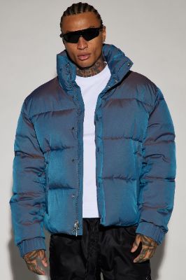 Stormy Iridescent Nylon Cropped Puffer Jacket - Blue sold by Fashion Nova