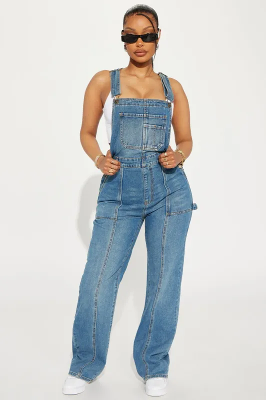No Limits Seamed Utility Denim Overalls - Medium Wash sold by Fashion Nova
