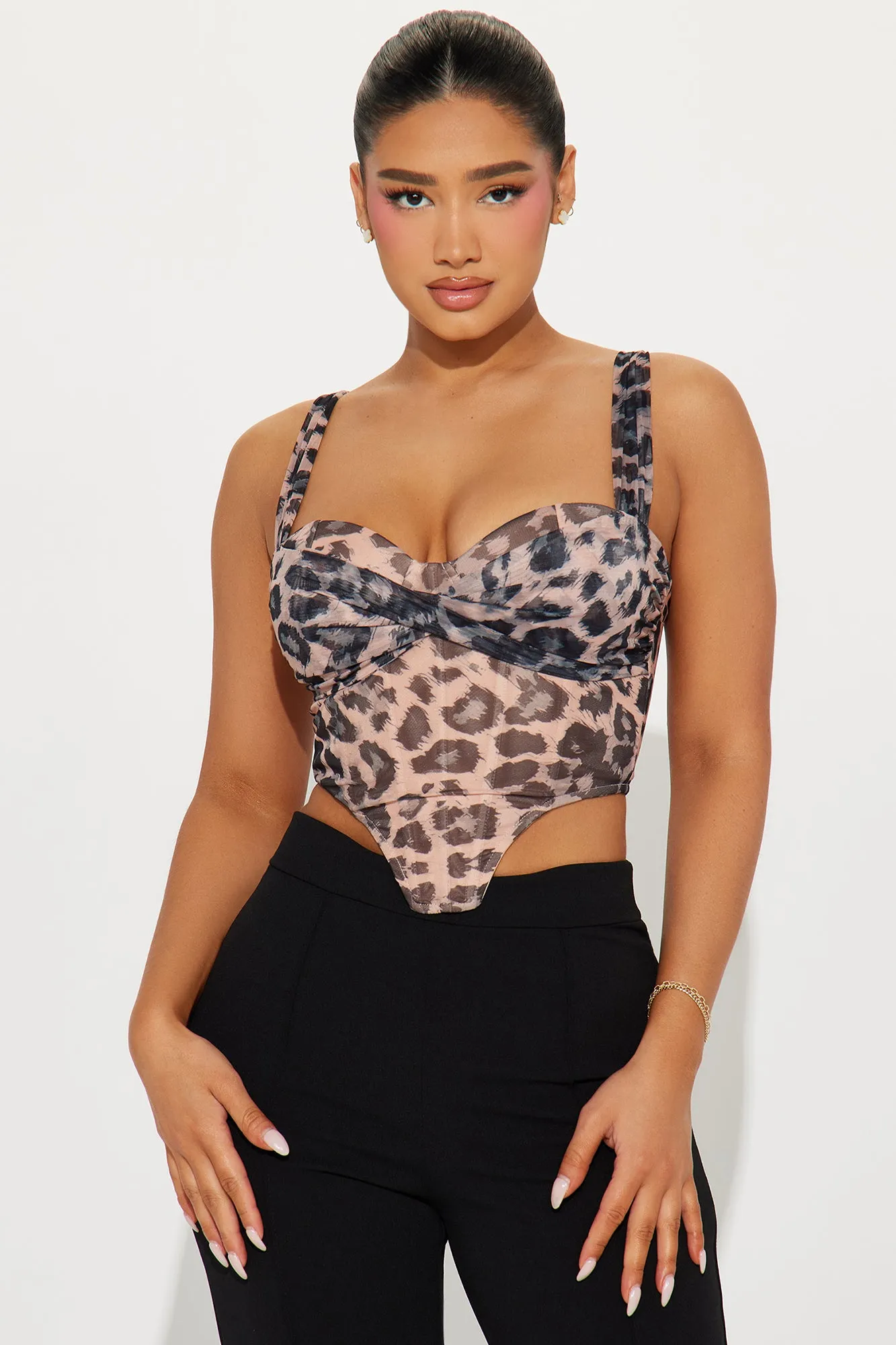Fierce Mesh Corset Top - Brown/combo sold by Fashion Nova