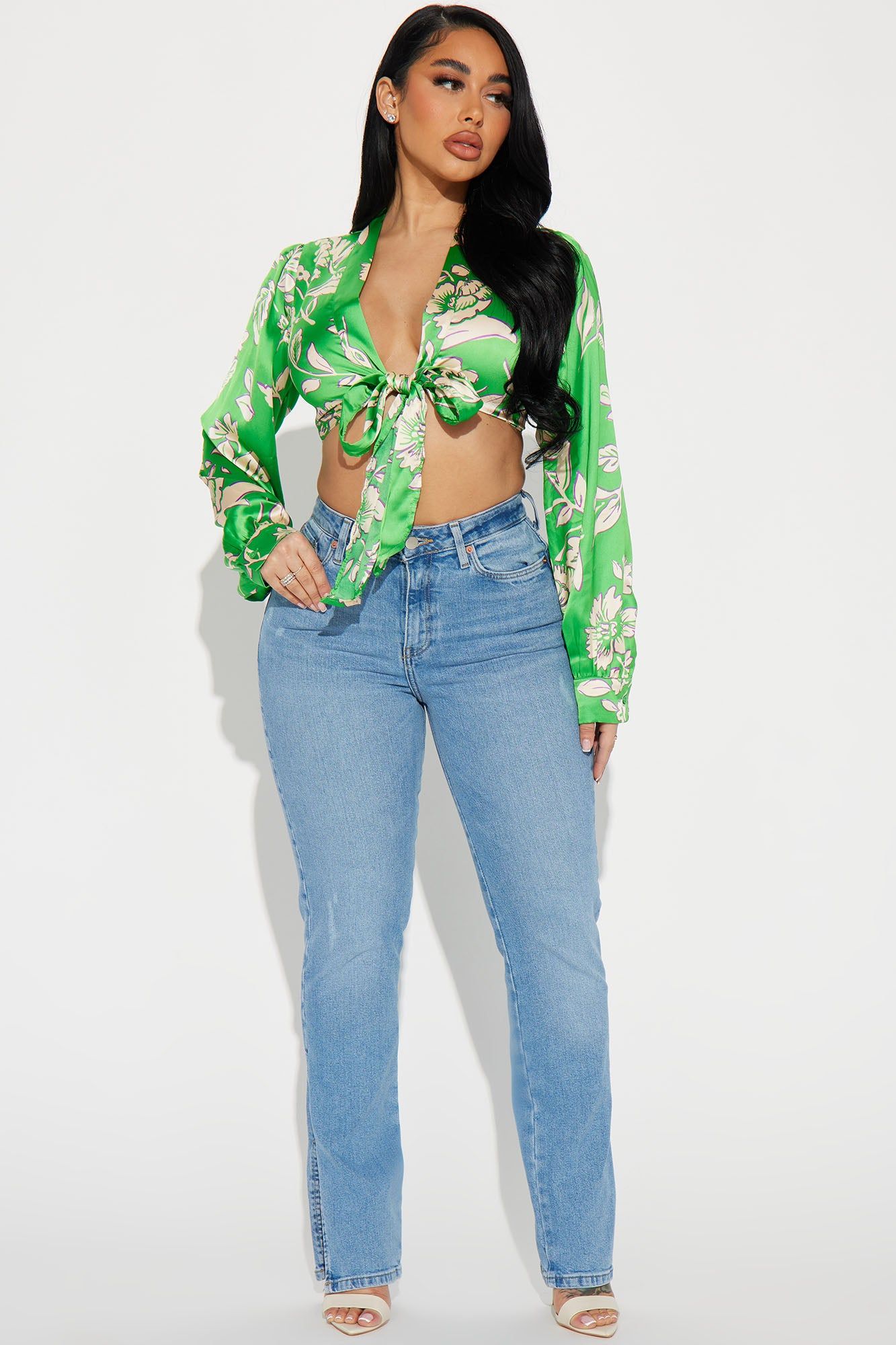 Bahama Mama Satin Blouse Top - Green/combo sold by Fashion Nova product image thumbnail 2