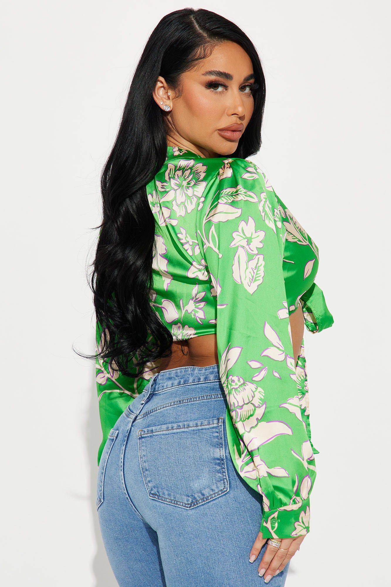Bahama Mama Satin Blouse Top - Green/combo sold by Fashion Nova product image thumbnail 3