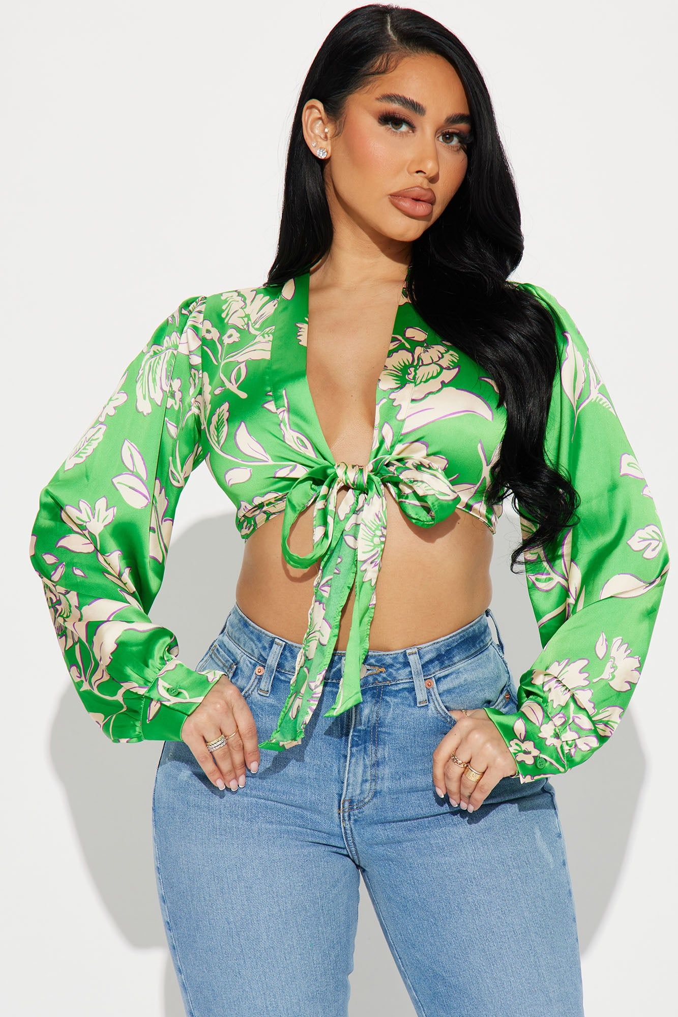 Bahama Mama Satin Blouse Top - Green/combo sold by Fashion Nova