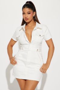 Day Trip Denim Mini Dress - Off White sold by Fashion Nova
